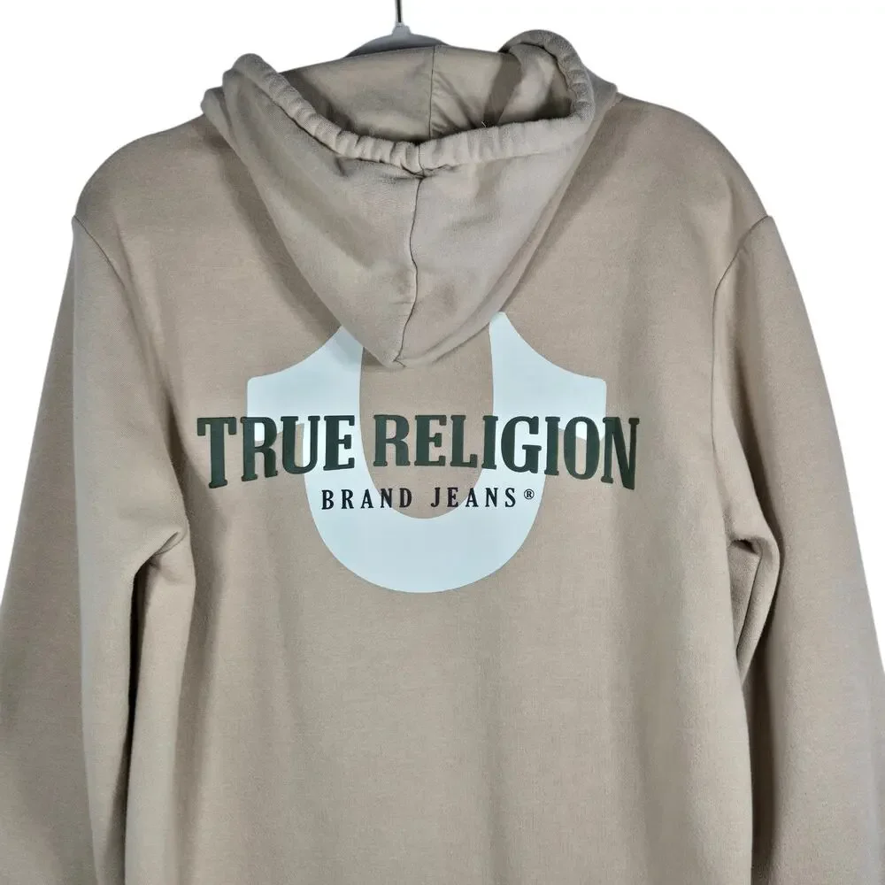 True Religion Brand Jeans Zip Hoodie Mens‎ Medium Beige Graphic Logo Sweatshirt